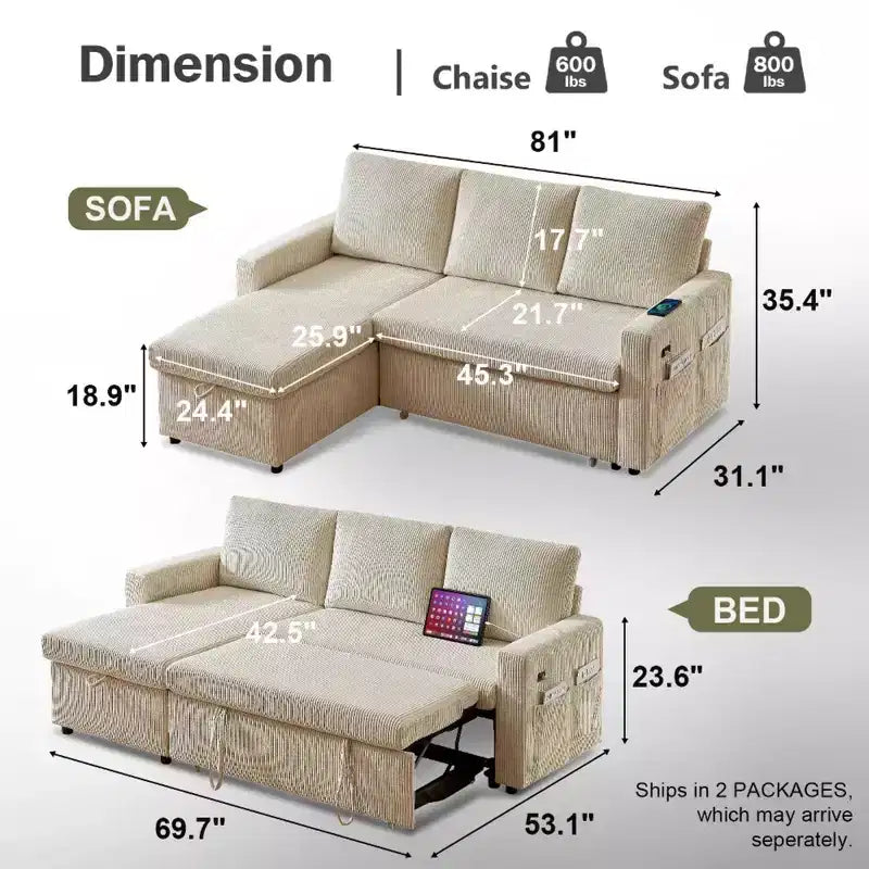 Dyonery 2 in 1 Pull Out Sleeper Sofa with Storage Chaise C Corduroy Sectional Couch with USB Ports for Living Room