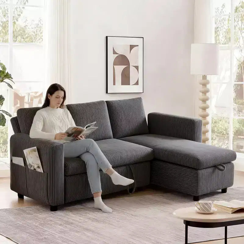 Sofá Cama Seccional Dyonery 2 en 1 con Chaise de Almacenamiento, Sofá Seccional de Pana con Puertos USB para Sala de Estar