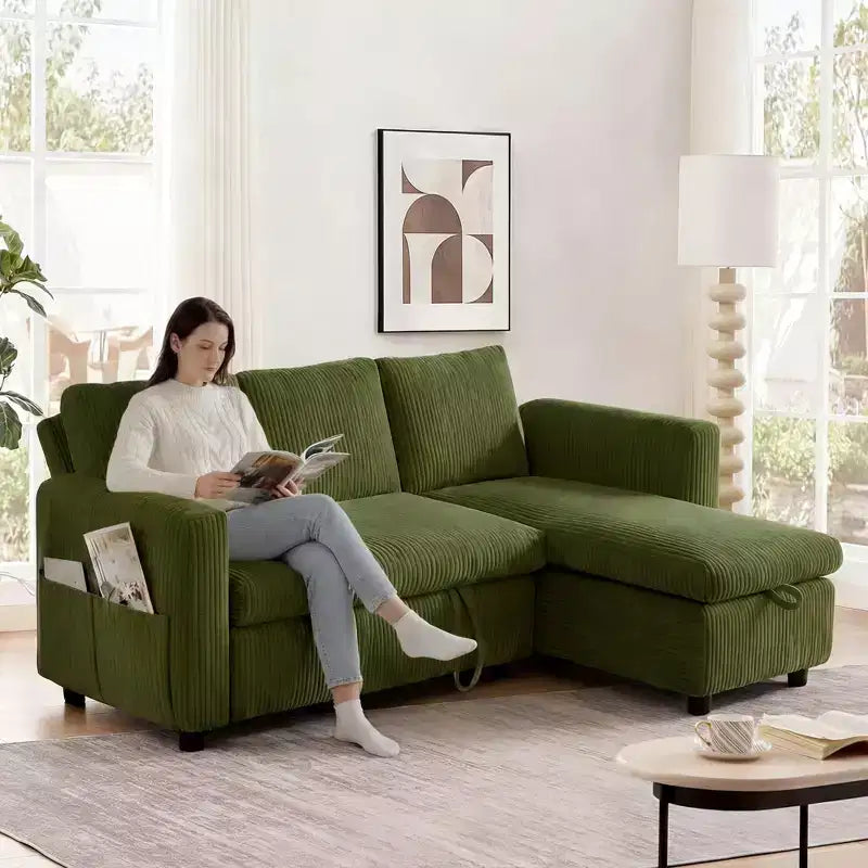 Sofá Cama Seccional Dyonery 2 en 1 con Chaise de Almacenamiento, Sofá Seccional de Pana con Puertos USB para Sala de Estar
