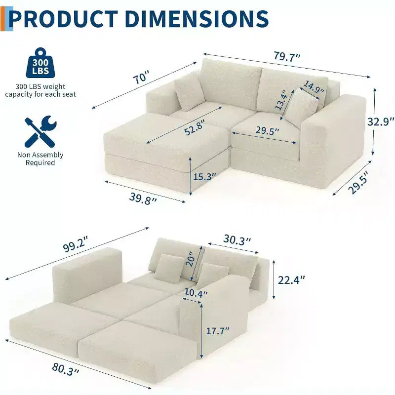 80 Modular Sectional Loveseat Sofa Bed, No-Assembly Boneless Cloud Couch, for Home, Living Room
