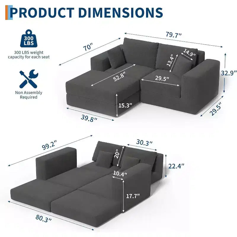 80 Modular Sectional Loveseat Sofa Bed, No-Assembly Boneless Cloud Couch, for Home, Living Room