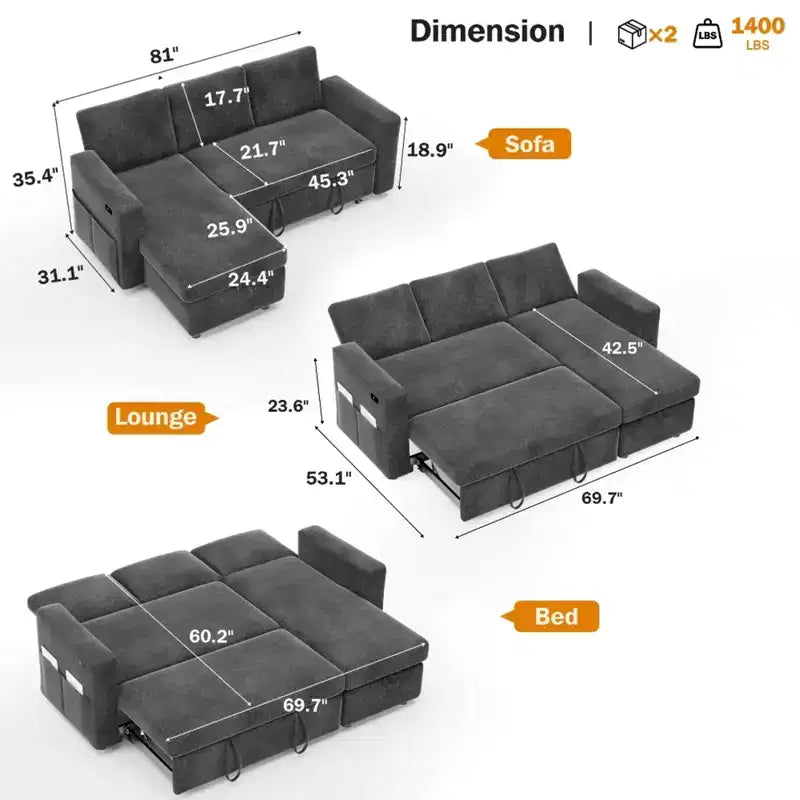 Sofá Cama Extraíble 2 en 1 con Chaise de Almacenamiento, Sofá Seccional de Chenilla con Puertos USB para Sala de Estar