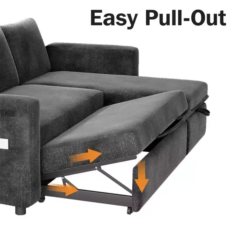 Sofá Cama Extraíble 2 en 1 con Chaise de Almacenamiento, Sofá Seccional de Chenilla con Puertos USB para Sala de Estar