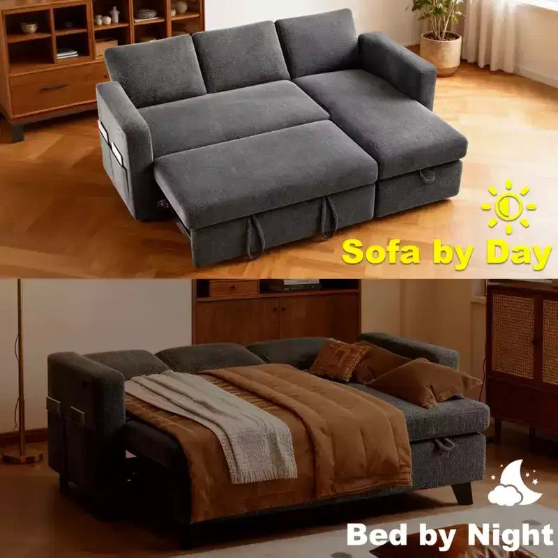 Sofá Cama Extraíble 2 en 1 con Chaise de Almacenamiento, Sofá Seccional de Chenilla con Puertos USB para Sala de Estar