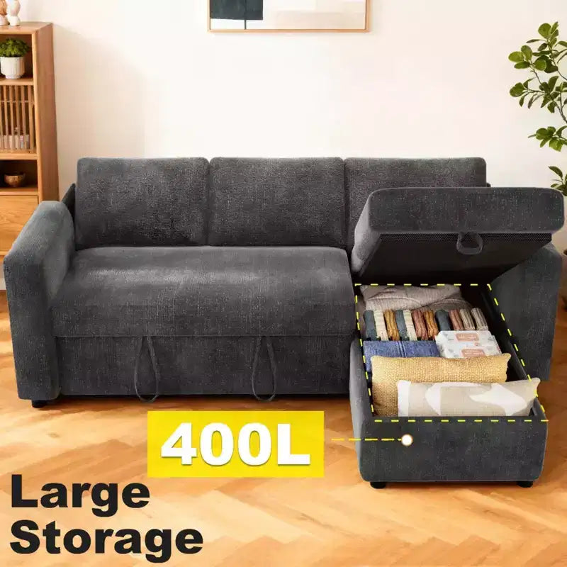 Sofá Cama Extraíble 2 en 1 con Chaise de Almacenamiento, Sofá Seccional de Chenilla con Puertos USB para Sala de Estar