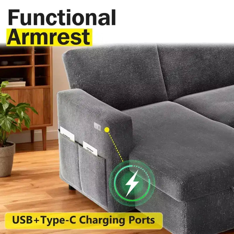 Sofá Cama Extraíble 2 en 1 con Chaise de Almacenamiento, Sofá Seccional de Chenilla con Puertos USB para Sala de Estar
