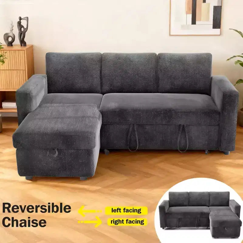Sofá Cama Extraíble 2 en 1 con Chaise de Almacenamiento, Sofá Seccional de Chenilla con Puertos USB para Sala de Estar