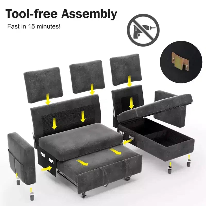 Sofá Cama Extraíble 2 en 1 con Chaise de Almacenamiento, Sofá Seccional de Chenilla con Puertos USB para Sala de Estar