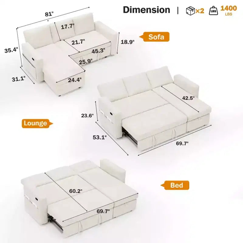 Sofá Cama Extraíble 2 en 1 con Chaise de Almacenamiento, Sofá Seccional de Chenilla con Puertos USB para Sala de Estar