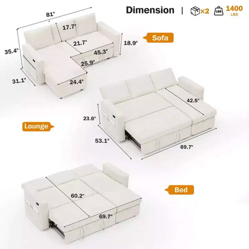Sofá Cama Extraíble 2 en 1 con Chaise de Almacenamiento, Sofá Seccional de Chenilla con Puertos USB para Sala de Estar