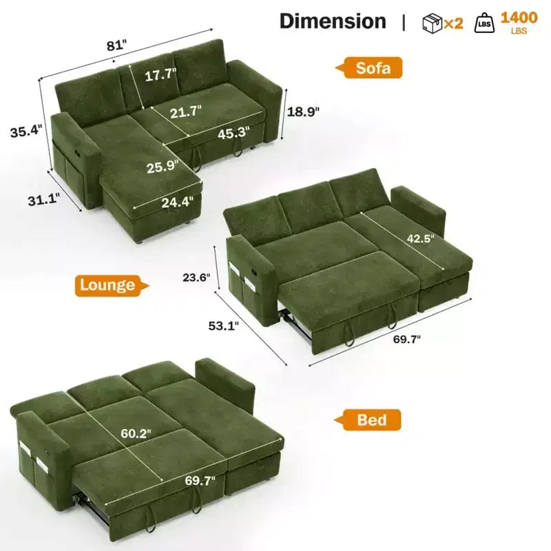 Sofá Cama Extraíble 2 en 1 con Chaise de Almacenamiento, Sofá Seccional de Chenilla con Puertos USB para Sala de Estar