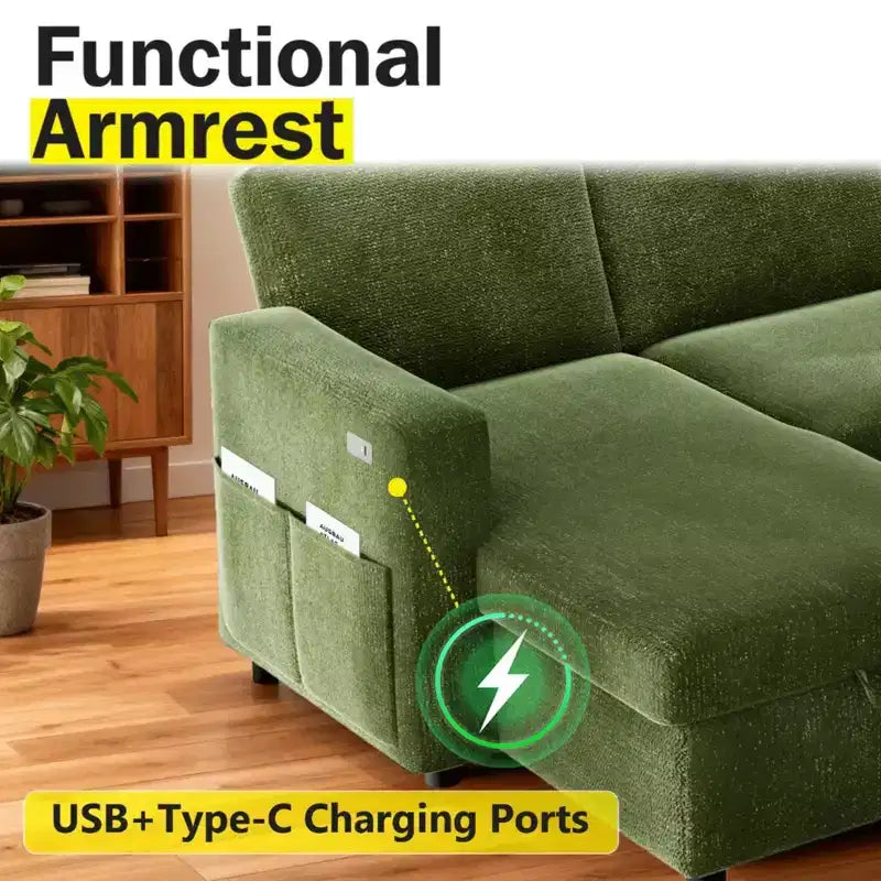 Sofá Cama Extraíble 2 en 1 con Chaise de Almacenamiento, Sofá Seccional de Chenilla con Puertos USB para Sala de Estar
