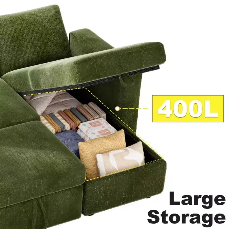 Sofá Cama Extraíble 2 en 1 con Chaise de Almacenamiento, Sofá Seccional de Chenilla con Puertos USB para Sala de Estar
