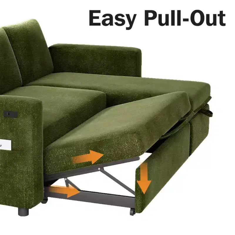 Sofá Cama Extraíble 2 en 1 con Chaise de Almacenamiento, Sofá Seccional de Chenilla con Puertos USB para Sala de Estar