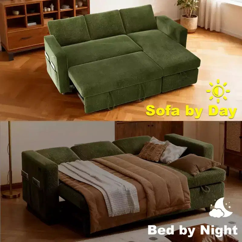 Sofá Cama Extraíble 2 en 1 con Chaise de Almacenamiento, Sofá Seccional de Chenilla con Puertos USB para Sala de Estar