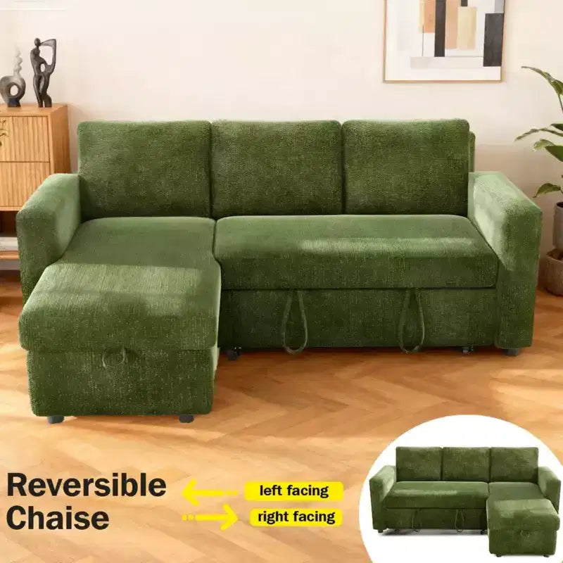 Sofá Cama Extraíble 2 en 1 con Chaise de Almacenamiento, Sofá Seccional de Chenilla con Puertos USB para Sala de Estar