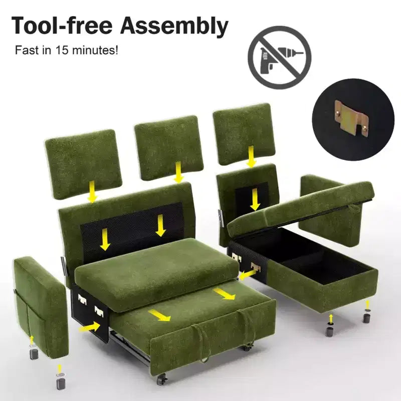 Sofá Cama Extraíble 2 en 1 con Chaise de Almacenamiento, Sofá Seccional de Chenilla con Puertos USB para Sala de Estar