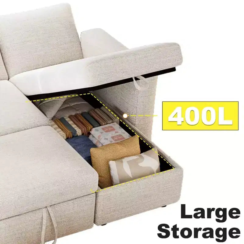Sofá Cama Extraíble 2 en 1 con Chaise de Almacenamiento, Sofá Seccional de Chenilla con Puertos USB para Sala de Estar