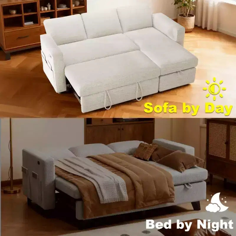 Sofá Cama Extraíble 2 en 1 con Chaise de Almacenamiento, Sofá Seccional de Chenilla con Puertos USB para Sala de Estar