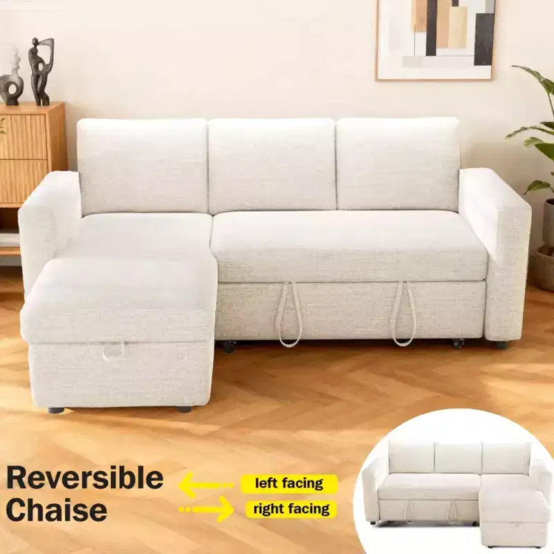 Sofá Cama Extraíble 2 en 1 con Chaise de Almacenamiento, Sofá Seccional de Chenilla con Puertos USB para Sala de Estar