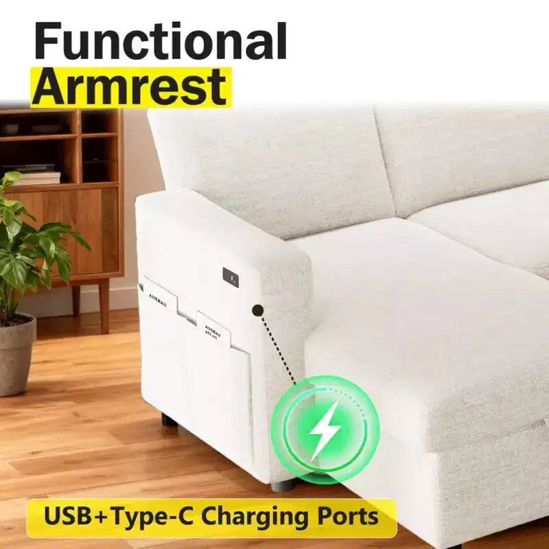 Sofá Cama Extraíble 2 en 1 con Chaise de Almacenamiento, Sofá Seccional de Chenilla con Puertos USB para Sala de Estar