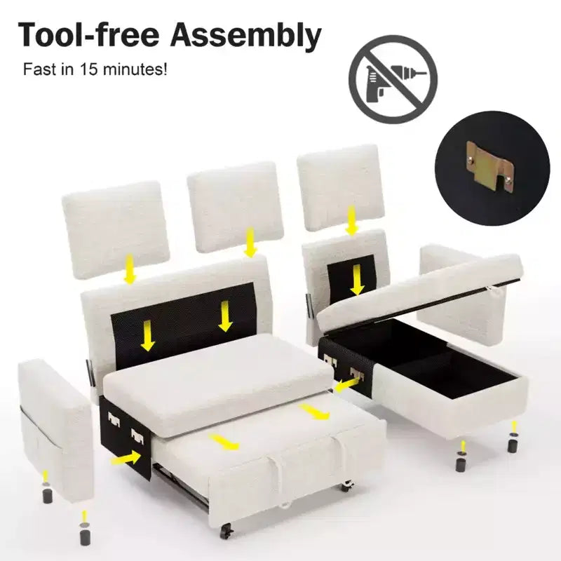 Sofá Cama Extraíble 2 en 1 con Chaise de Almacenamiento, Sofá Seccional de Chenilla con Puertos USB para Sala de Estar