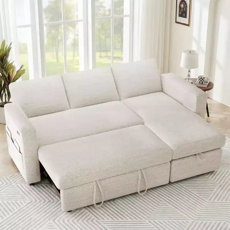 Dyonery 2 in 1 Pull Out Sleeper Sofa with Storage Chaise C Chenille Sectional Couch with USB Ports for Living Room