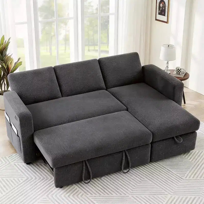 Sofá Cama Extraíble 2 en 1 con Chaise de Almacenamiento, Sofá Seccional de Chenilla con Puertos USB para Sala de Estar