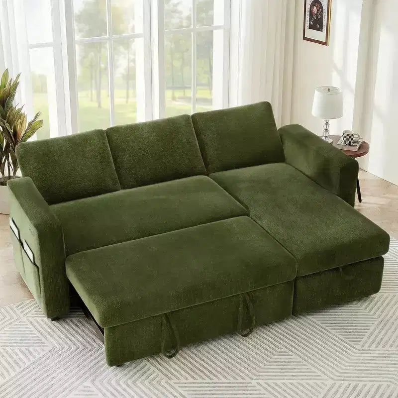 Sofá Cama Extraíble 2 en 1 con Chaise de Almacenamiento, Sofá Seccional de Chenilla con Puertos USB para Sala de Estar