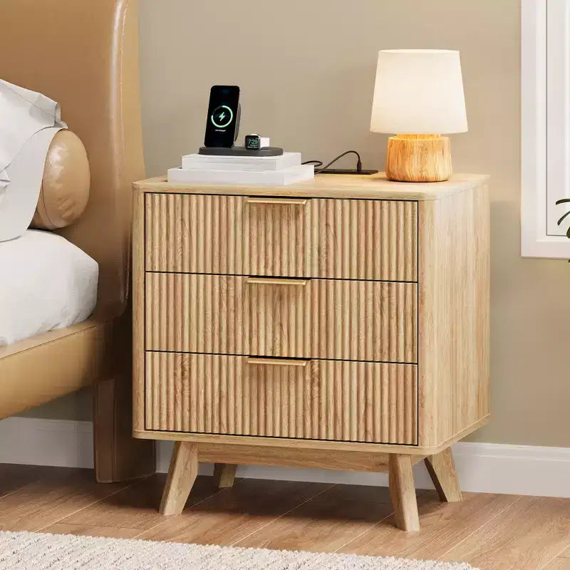 Mesa de noche, mesita de noche de 24'' con estación de carga y 3 cajones, mesa de noche de madera moderna de mediados de siglo para dormitorio, mesa auxiliar para sala de estar
