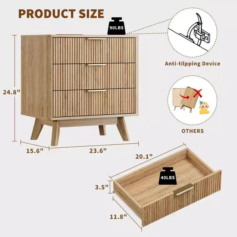 Mesa de noche, mesita de noche de 24'' con estación de carga y 3 cajones, mesa de noche de madera moderna de mediados de siglo para dormitorio, mesa auxiliar para sala de estar
