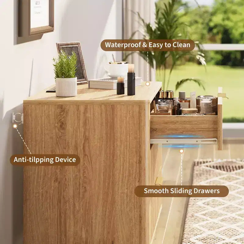 Mesa de noche, mesita de noche de 24'' con estación de carga y 3 cajones, mesa de noche de madera moderna de mediados de siglo para dormitorio, mesa auxiliar para sala de estar