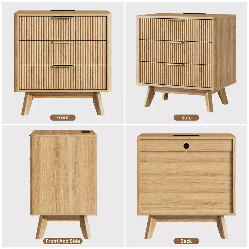 Mesa de noche, mesita de noche de 24'' con estación de carga y 3 cajones, mesa de noche de madera moderna de mediados de siglo para dormitorio, mesa auxiliar para sala de estar