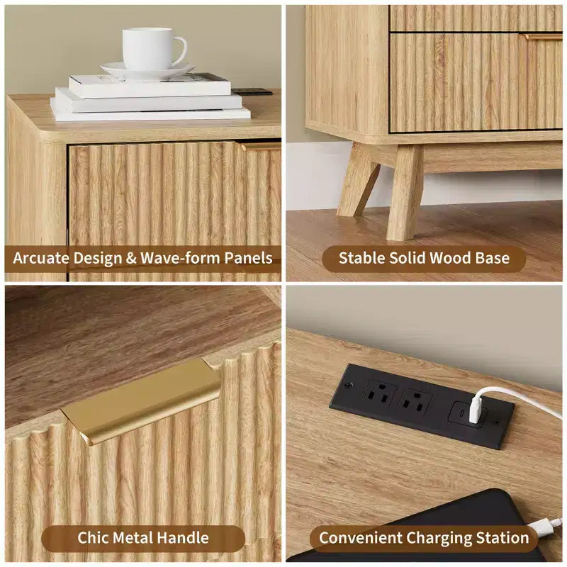 Mesa de noche, mesita de noche de 24'' con estación de carga y 3 cajones, mesa de noche de madera moderna de mediados de siglo para dormitorio, mesa auxiliar para sala de estar