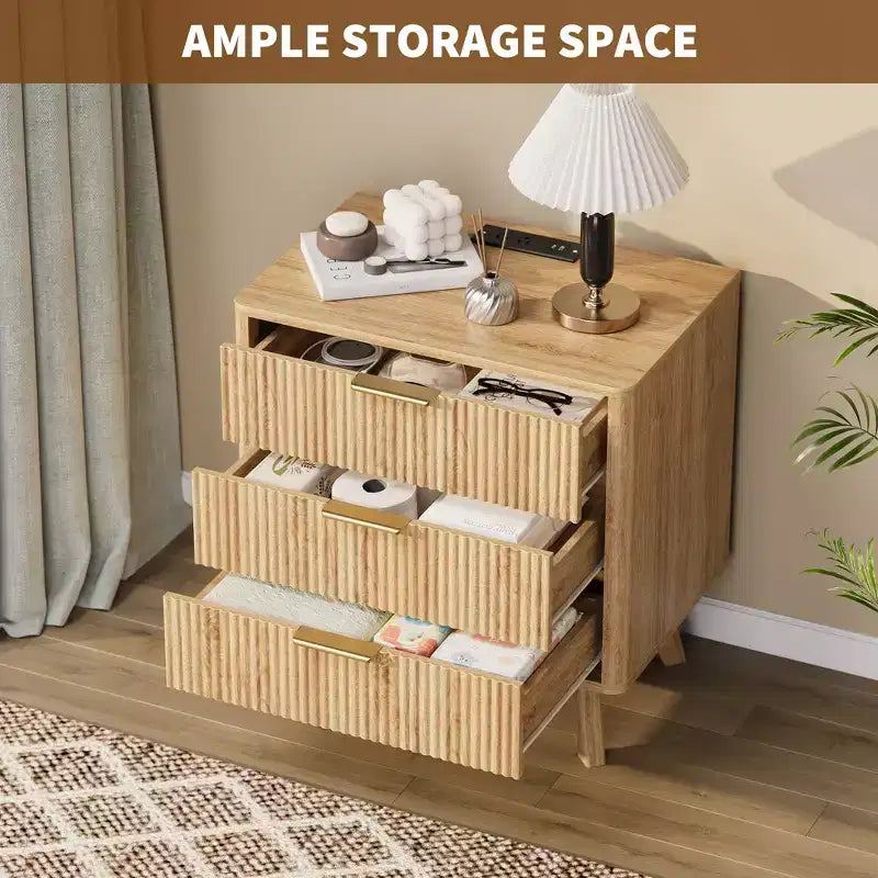 Mesa de noche, mesita de noche de 24'' con estación de carga y 3 cajones, mesa de noche de madera moderna de mediados de siglo para dormitorio, mesa auxiliar para sala de estar