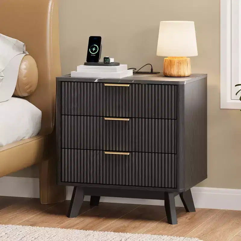 Mesa de noche, mesita de noche de 24'' con estación de carga y 3 cajones, mesa de noche de madera moderna de mediados de siglo para dormitorio, mesa auxiliar para sala de estar