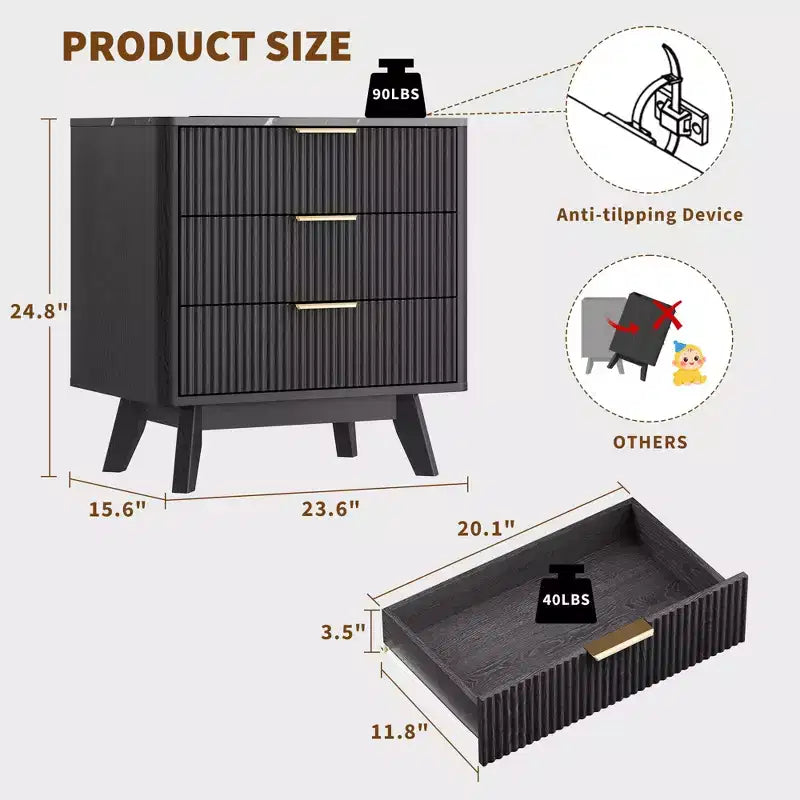 Mesa de noche, mesita de noche de 24'' con estación de carga y 3 cajones, mesa de noche de madera moderna de mediados de siglo para dormitorio, mesa auxiliar para sala de estar