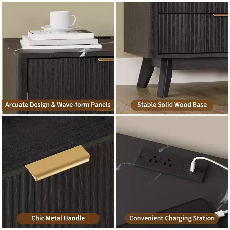 Mesa de noche, mesita de noche de 24'' con estación de carga y 3 cajones, mesa de noche de madera moderna de mediados de siglo para dormitorio, mesa auxiliar para sala de estar