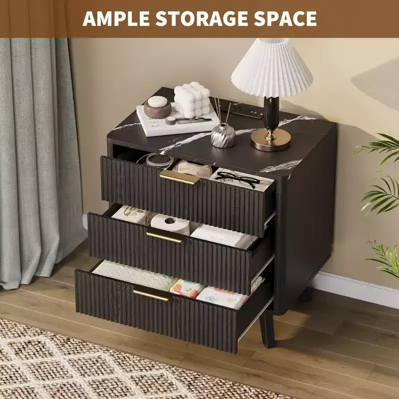 Mesa de noche, mesita de noche de 24'' con estación de carga y 3 cajones, mesa de noche de madera moderna de mediados de siglo para dormitorio, mesa auxiliar para sala de estar