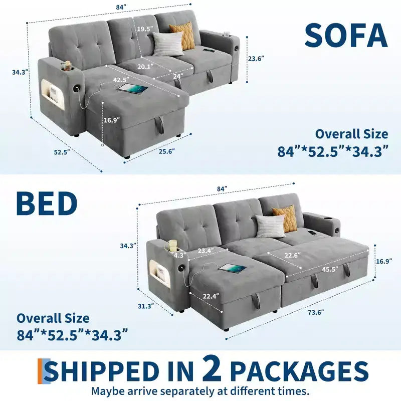 84 Velvet L-Shaped Sleeper Sofa Bed - Convertible Pull Out Sectional Couch with Storage, Charging Station & LED Lights for Living Room