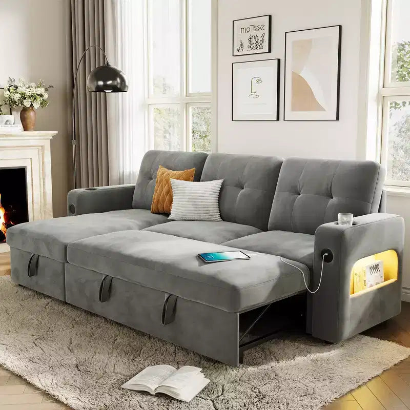 84 Velvet L-Shaped Sleeper Sofa Bed - Convertible Pull Out Sectional Couch with Storage, Charging Station & LED Lights for Living Room