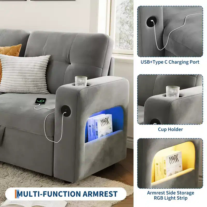84 Velvet L-Shaped Sleeper Sofa Bed - Convertible Pull Out Sectional Couch with Storage, Charging Station & LED Lights for Living Room