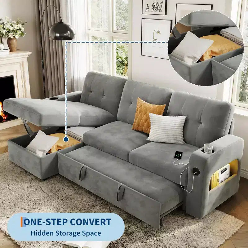 84 Velvet L-Shaped Sleeper Sofa Bed - Convertible Pull Out Sectional Couch with Storage, Charging Station & LED Lights for Living Room