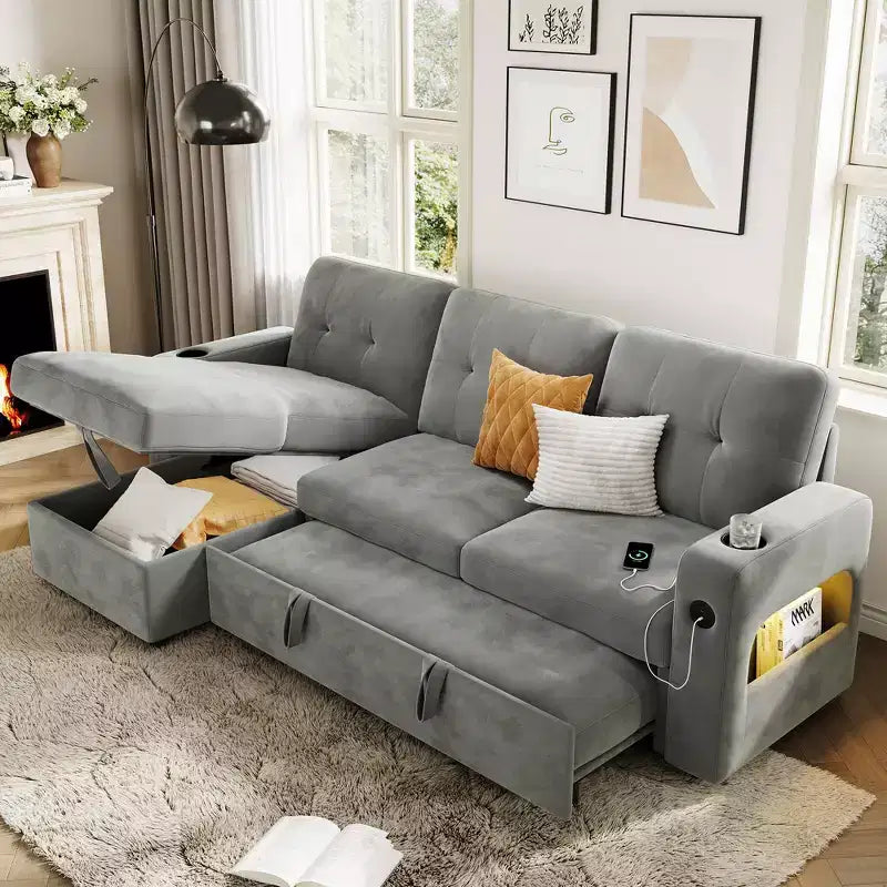 84 Velvet L-Shaped Sleeper Sofa Bed - Convertible Pull Out Sectional Couch with Storage, Charging Station & LED Lights for Living Room