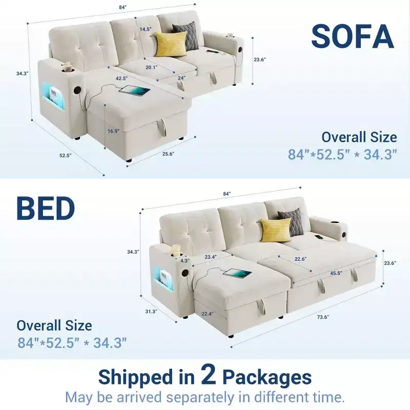 84 Velvet L-Shaped Sleeper Sofa Bed - Convertible Pull Out Sectional Couch with Storage, Charging Station & LED Lights for Living Room