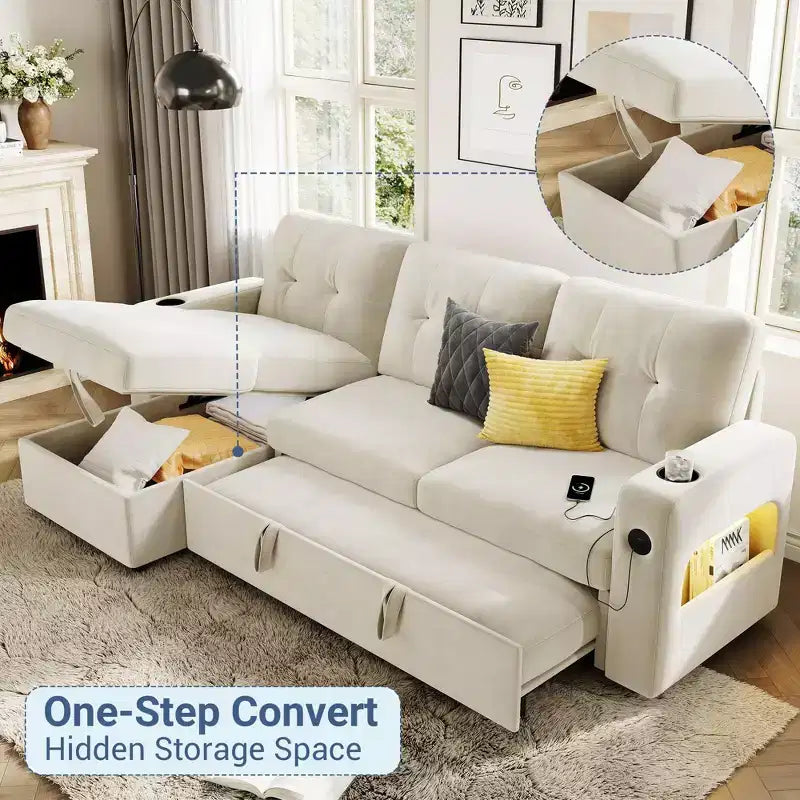 84 Velvet L-Shaped Sleeper Sofa Bed - Convertible Pull Out Sectional Couch with Storage, Charging Station & LED Lights for Living Room
