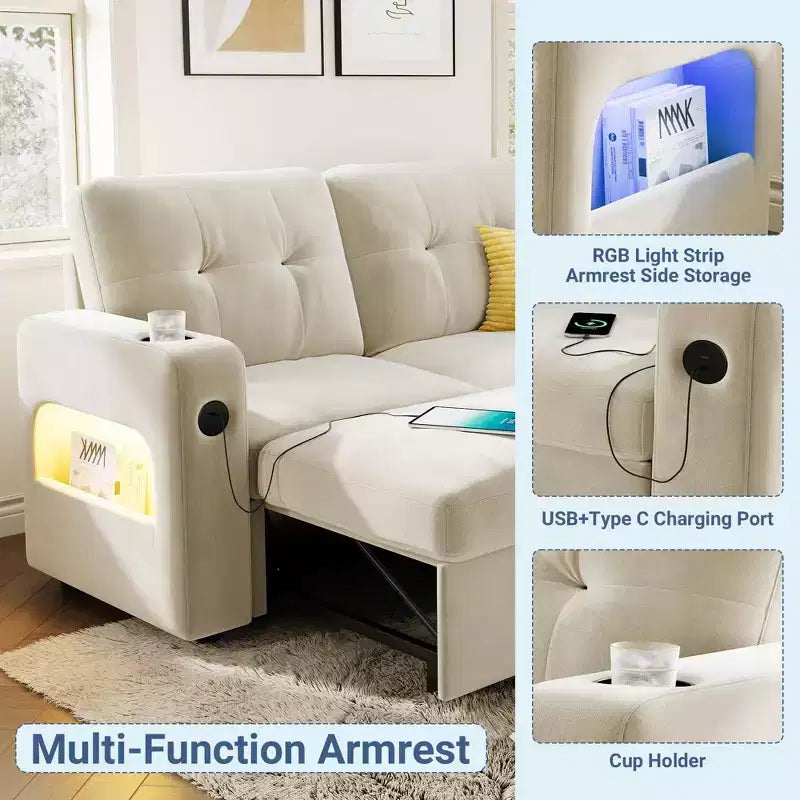 84 Velvet L-Shaped Sleeper Sofa Bed - Convertible Pull Out Sectional Couch with Storage, Charging Station & LED Lights for Living Room