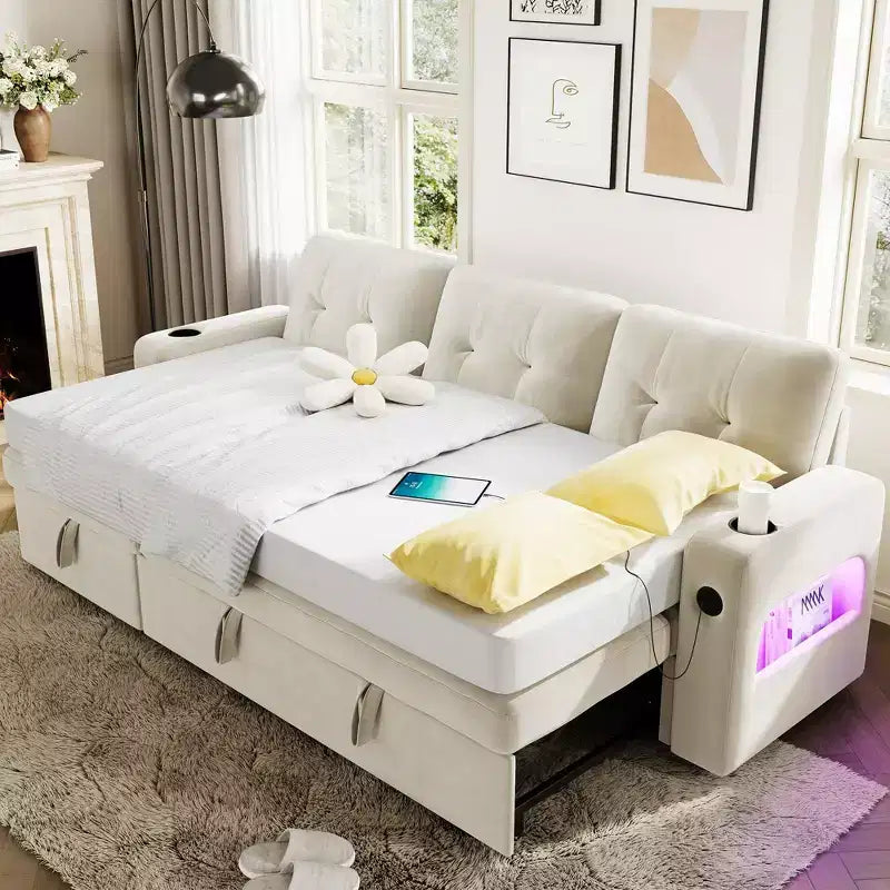 84 Velvet L-Shaped Sleeper Sofa Bed - Convertible Pull Out Sectional Couch with Storage, Charging Station & LED Lights for Living Room