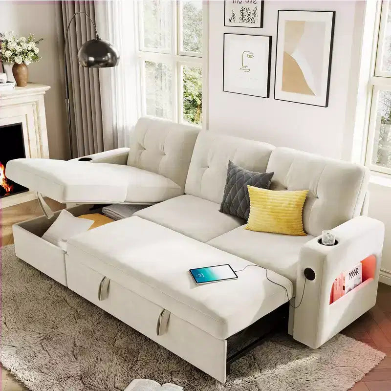 84 Velvet L-Shaped Sleeper Sofa Bed - Convertible Pull Out Sectional Couch with Storage, Charging Station & LED Lights for Living Room