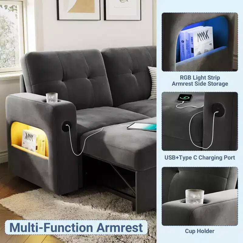 84 Velvet L-Shaped Sleeper Sofa Bed - Convertible Pull Out Sectional Couch with Storage, Charging Station & LED Lights for Living Room